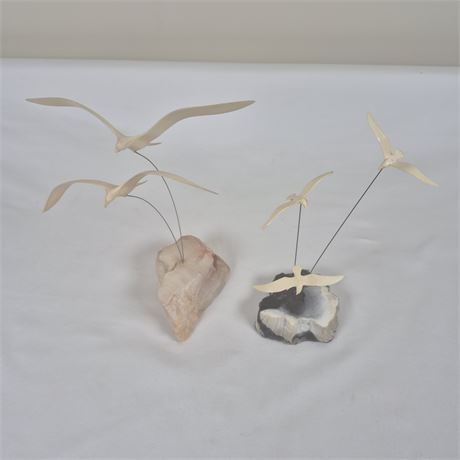MCM Marvin Wernick Kinetic Seagull Sculptures (2) -Quartz & Onyx Bases 1970s