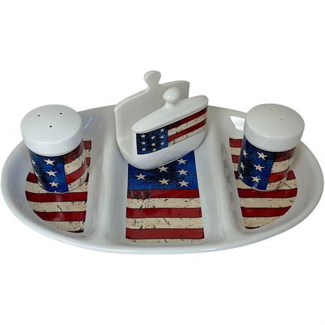 1997 Warren Kimble "Colonial" Serving Platter, S&P Shakers & Napkin Holder