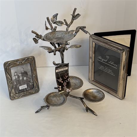 Antiqued Silver Tone Jewelry Holder w/ Silver-Plated Photo Frames/Album