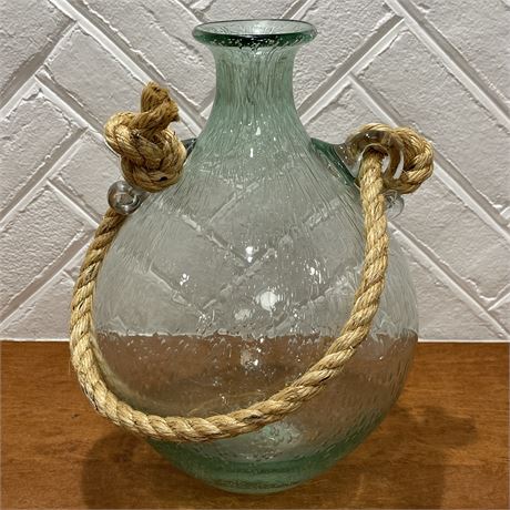Large Double Handled Blown Glass Vase with Rope Accent