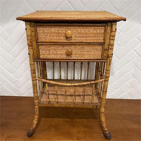 Antique English Bamboo Sewing Table w/a Woven Top & Lower Shelf