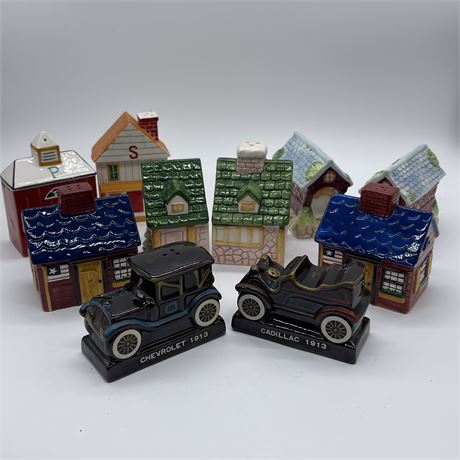 Ceramic House and Antique Car Salt and Pepper Shaker Sets