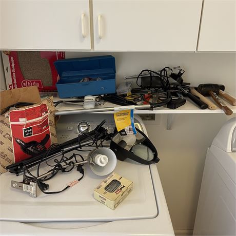 Lot of Tools w/ Drain Snake, Electric Drill, Machete, Lighting and more