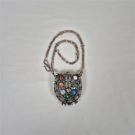 Vtg Sajai Tibetan Silver‑Tone Metal Coin Purse – Filigree & Gemstone Accents
