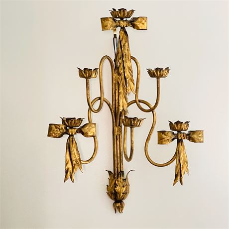Hollywood Regency Gold Bow & Bloom Decorative Candle Sconce