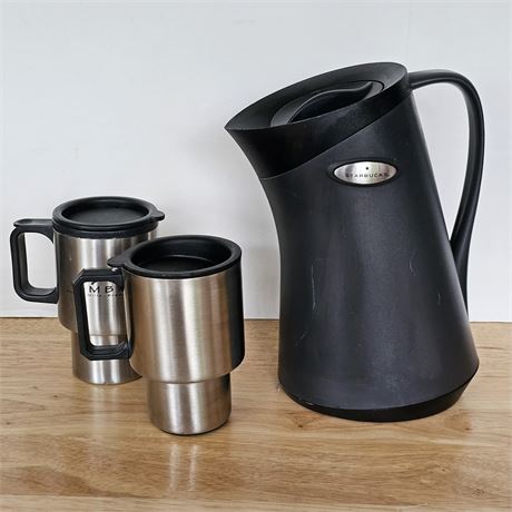 Starbucks collectible barista, glass lined thermal & 2 thermal type mugs