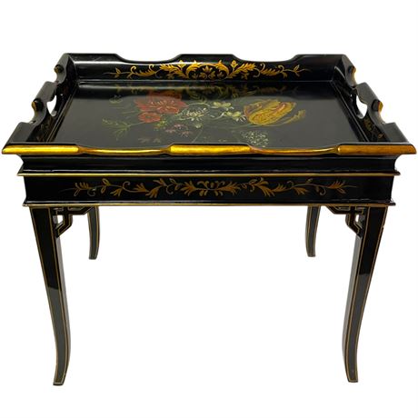 Vtg Hand-Painted Black Lacquered Chinoiserie Tray Table