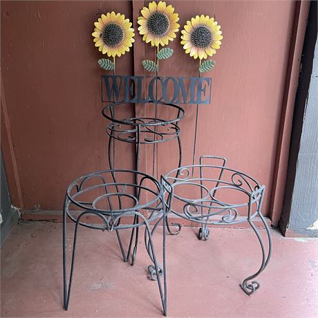 (3) Metal Plant Stands and "Welcome" Sunflower Motif Yard Stake