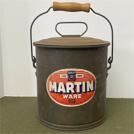 Vintage Martin Ware Leak Proof Lidded Metal Can with Wood Original Handle