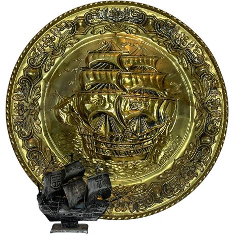 Brass Embossed Ship Wall Plaque & Napcoware Metal Santa Maria Mini Ship Model