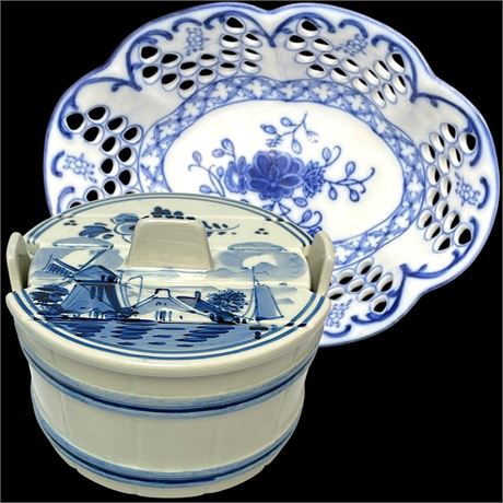 Vtg  Delfts Holland Butter Dish and Porcelain Floral Decorative Dish