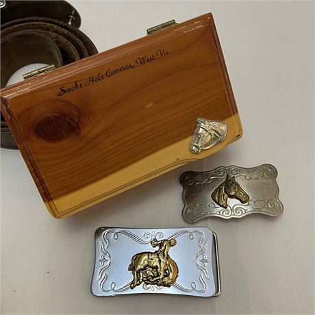Vtg Equestrian Belt Buckles & Trinket Box