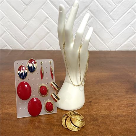 Gold Tone 18" Chain, Brooch and Earrings w/ Red, White and Blue Accents