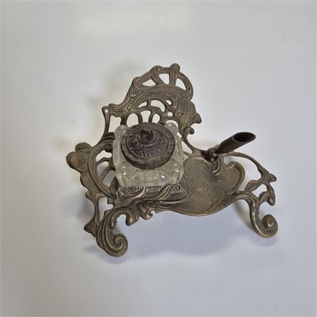 Antq Art Nouveau Brass Inkwell & Pen Holder Stand w/ Crystal Ink Reservoir