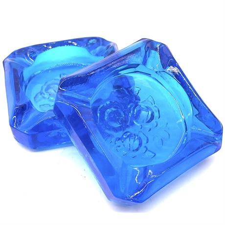 Pair of Vtg Fenton Blue Glass Rose Flower Design Ashtrays