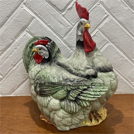 Ethan Allen Italy Hand-Crafted Ceramic Covered Rooster & Hen Canister