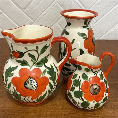 Vtg Erphila Czechoslovakian Art Pottery Orange Poppy Pitchers & Vase