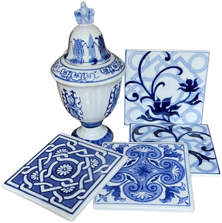 Oriental Chinoiserie Hand-Painted Lidded Jar with (4) Bombay Ceramic Coasters