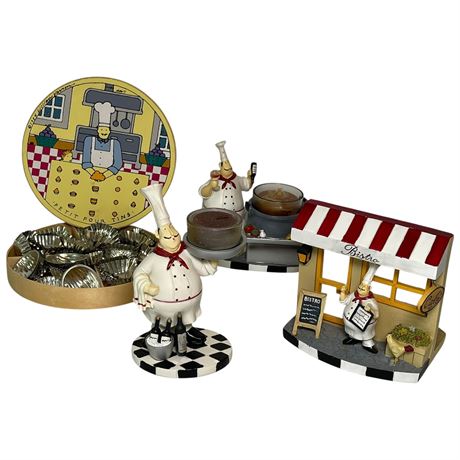 Chef Inspired Candle Holder Figurines w/ Petit Four Tins in Chef Box