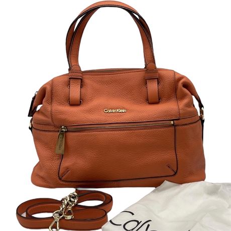 Calvin Klein Pebbled Leather Orange Satchel Bag w/ Attachable Crossbody Strap