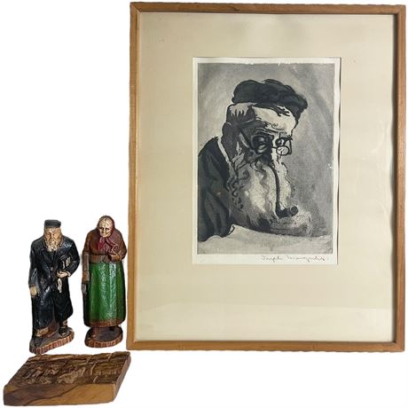 Joseph Margulies Hand Signed "At Peace" Etching Print & Wood Carved Figurines