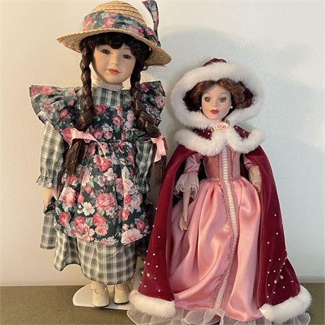 16" Brass Key Belle and 18" Rebecca Porcelain Dolls with Stands