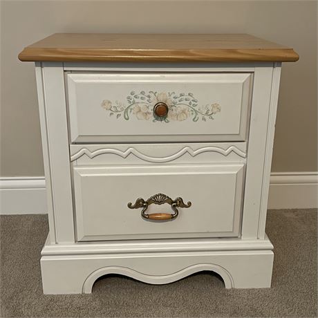 White Solid Wood Nightstand with Floral Motif