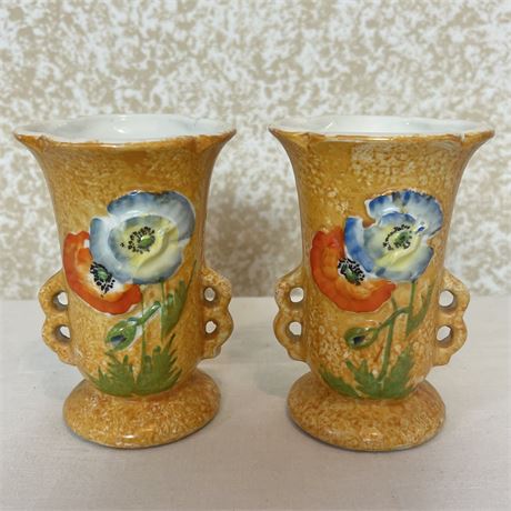 Vtg Trico Hand Painted Double Handled Vases