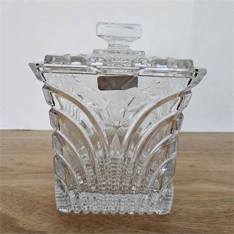 Square cut crystal biscuit jar w/etched flowers