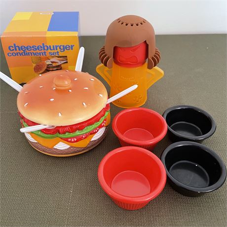 Fun Kitchen Pcs w/ Angry Mama Microwave Cleaner, Hamburger Condiment Set & Bowls