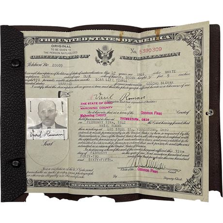 1942 U.S. Certification of Naturalization Common Pleas Court Document in Holder