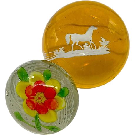 Antique Bohemian Amber Horse & Floral Art Glass Paperweights