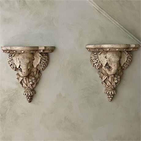 Pair of Vintage Distressed Elephant Wall Shelves