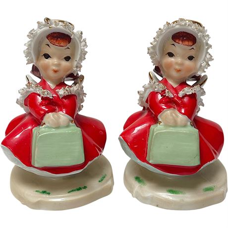 Pair of Vtg Angel Figurines w/ Spaghetti Trim