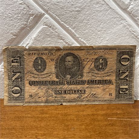 1864 $1 Bill Confederate States of America Richmond Banknote