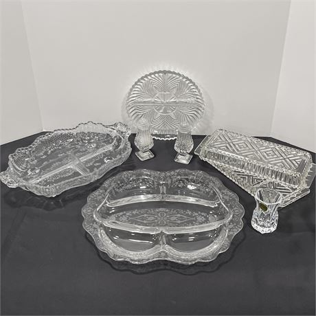 Crystal and Glass Divided Serving Dishes with S/P Shaker and Toothpick Holder