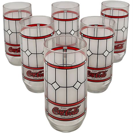 (6) Vtg Coca-Cola Stained Glass Libbey Drinking Glasses