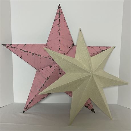 Distressed Pink and Cream Glittery Metal Hanging Farmhouse Stars