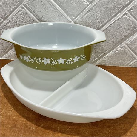 Vtg Pyrex "Spring Blossom" Casserole Dish & Milk Glass Divided Casserole Dish