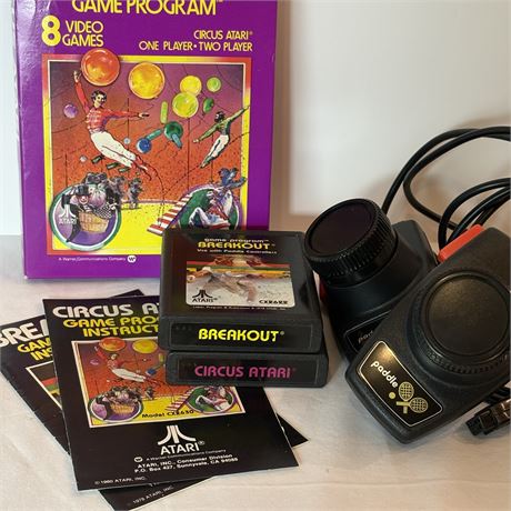 (2) Atari 2600 Game Cartridges w/ both Instruction Manuals, Paddles and One Box
