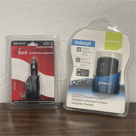 NIB ZipKord Solutions Dual USB Car/Wall Charger w/ Iogear Portable Charger