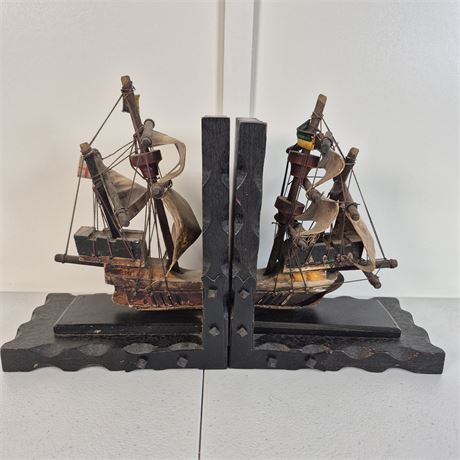 Vtg Wood Ship Bookends