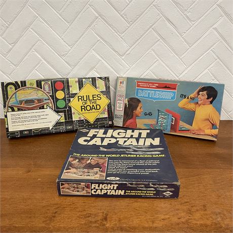 Vtg Flight Captain, Battleship, and Rules of The Road Family Board Games