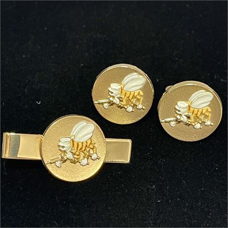 US Navy Seabee Cuff Links and Tie Clip Set in Gold Tone - Rare find