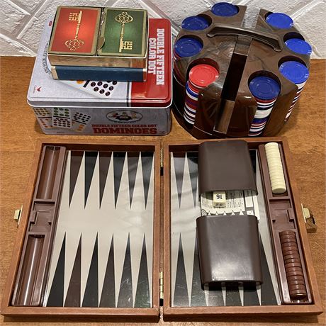 Poker Chips in Cadddy, Double Deck of Cards, Travel Backgammon and Dominoes