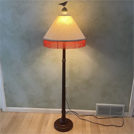 3-way Floor Lamp with Bird Finial and Fringe Lampshade