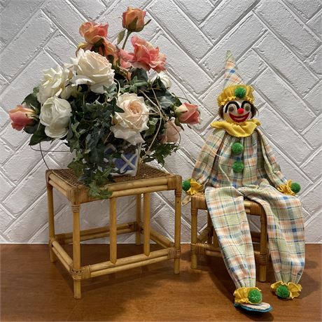 Pair of Nesting Plant Stands w/ Artificial Plant & Seated Clown