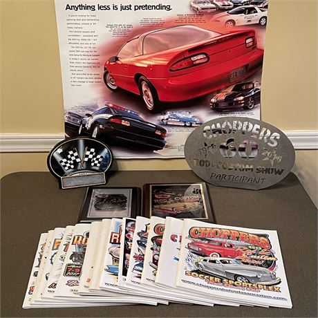 Collection of Hot Rods and Choppers Plaques, Magazines and Camero Poster