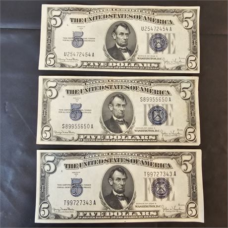 (3) 1934 D Silver Certificate $5 Dollar Bills