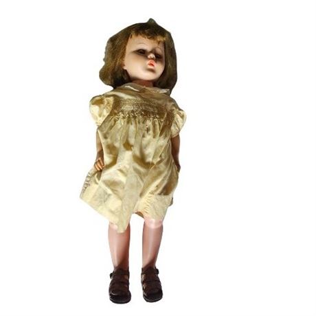 Antique   28” Doll & Original Dress glass eyes 29 inches tall